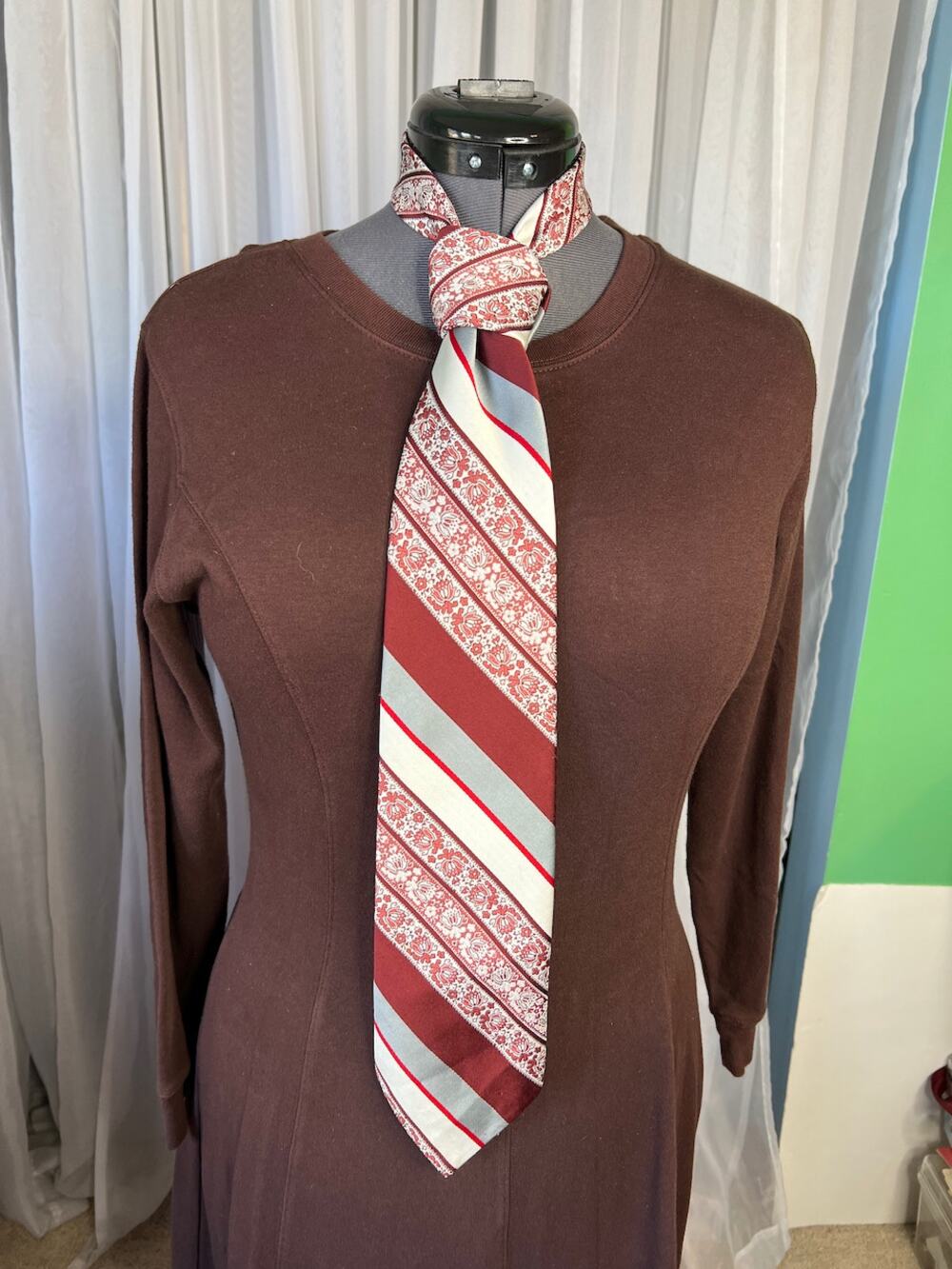 tie groovy 1960s wide diagonal stripes floral red gray white